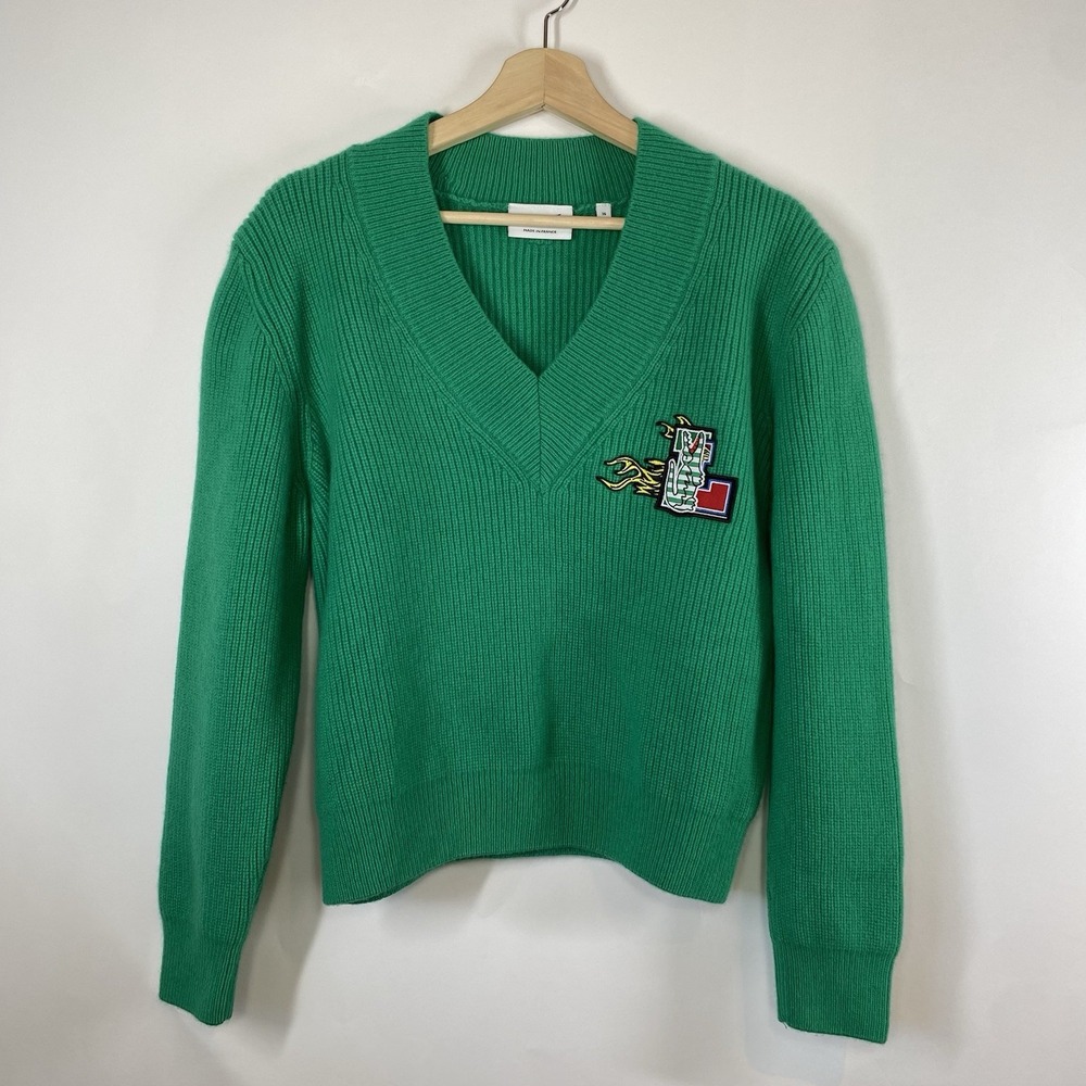 Lacoste Women's Comic Badge V-Neck Wool Sweater Kelly Green Size 36/S Academia